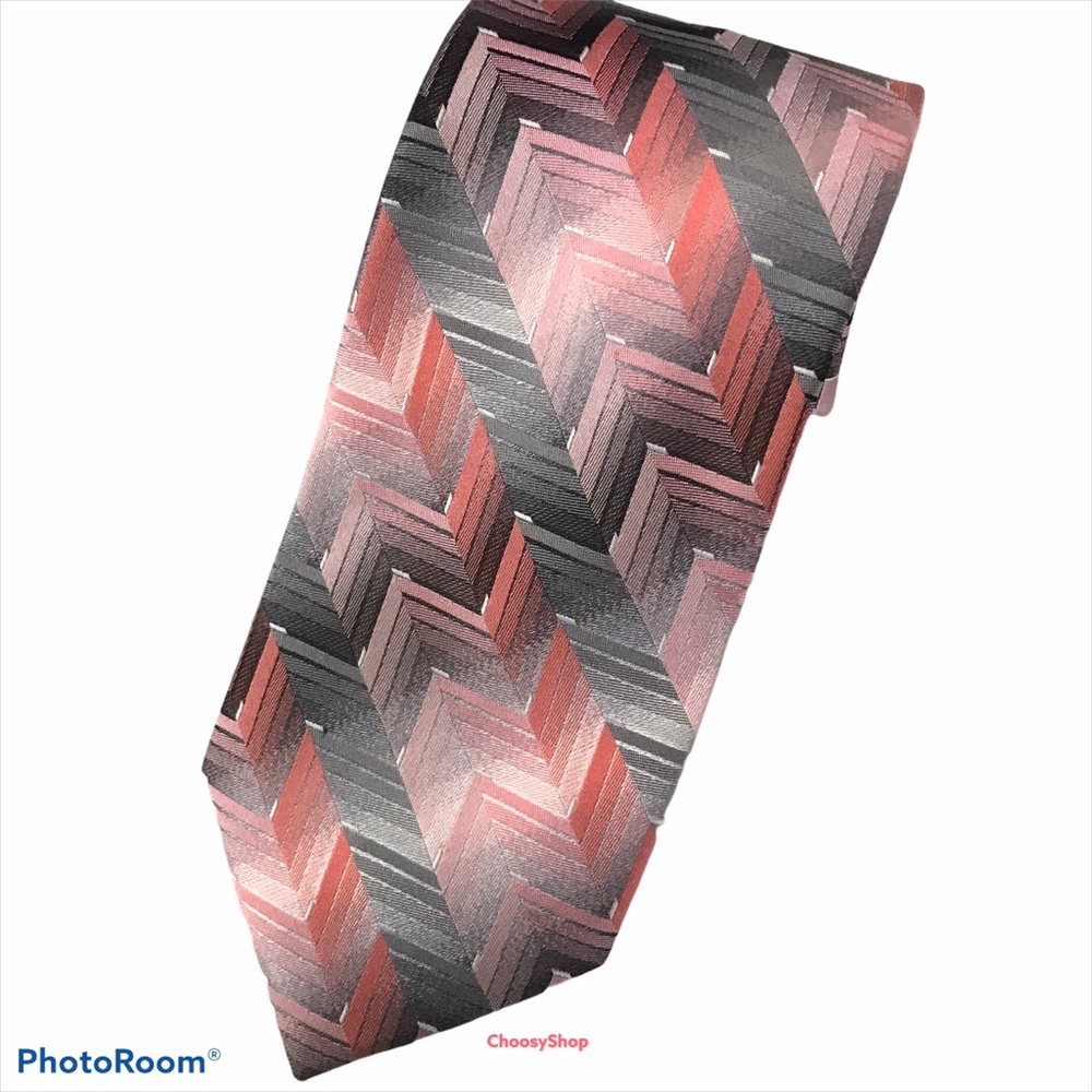 Tie Gray & Melon Geometric Pattern Polyester & Si… - image 1